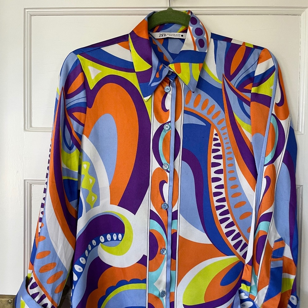 Zara Button Down Blouse Top Long Sleeve Geometric Pucci Print Size XS